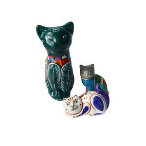 3 Vintage Tonala Cat Figurines Bank Folk Art Mexican Pottery Hand Painted